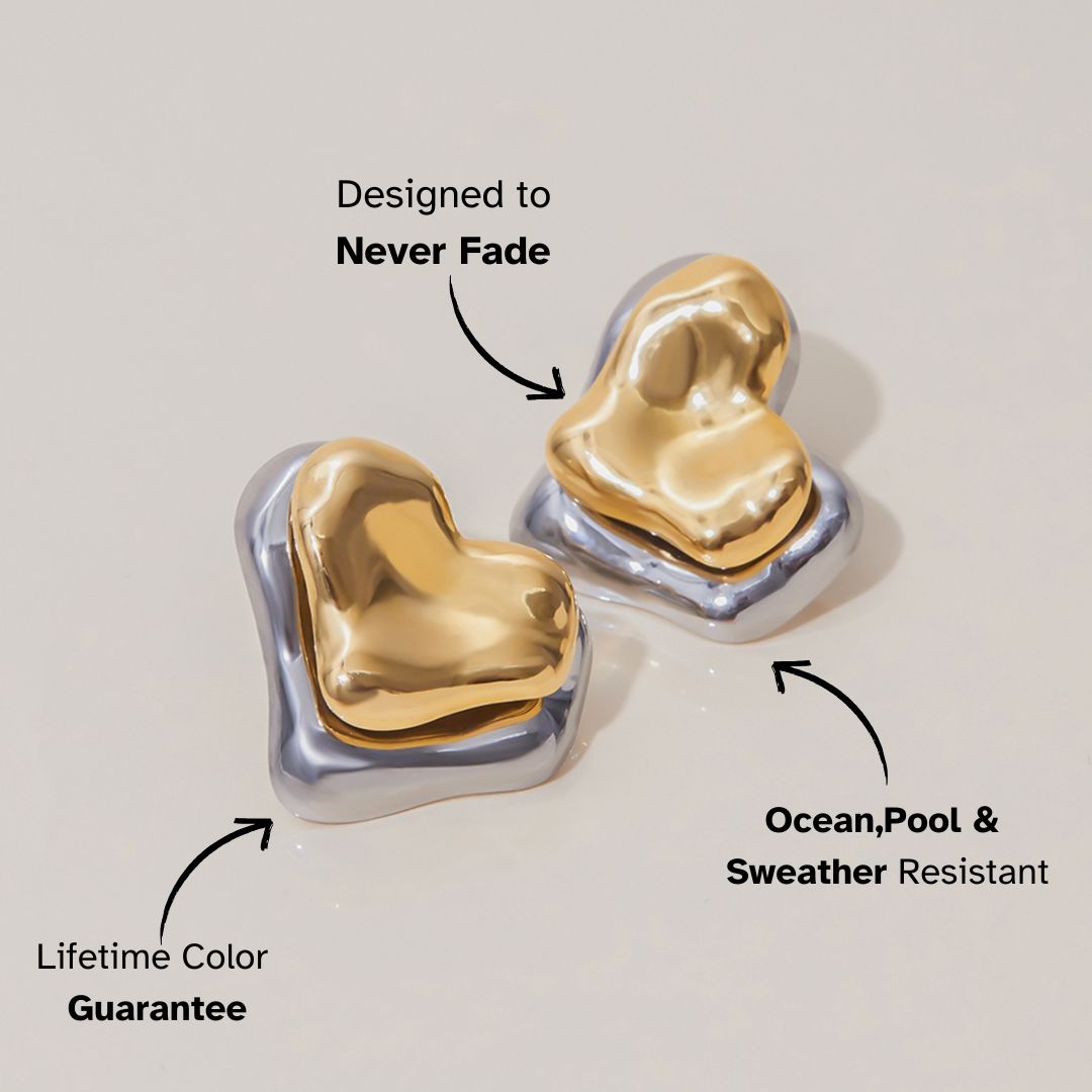 Waterproof gold heart earrings with chunky silver base