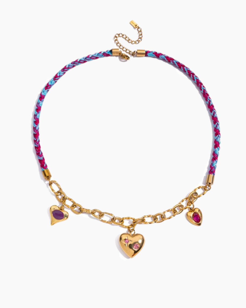 Multicolored braided necklace with gold chain and heart-shaped charms on a white background