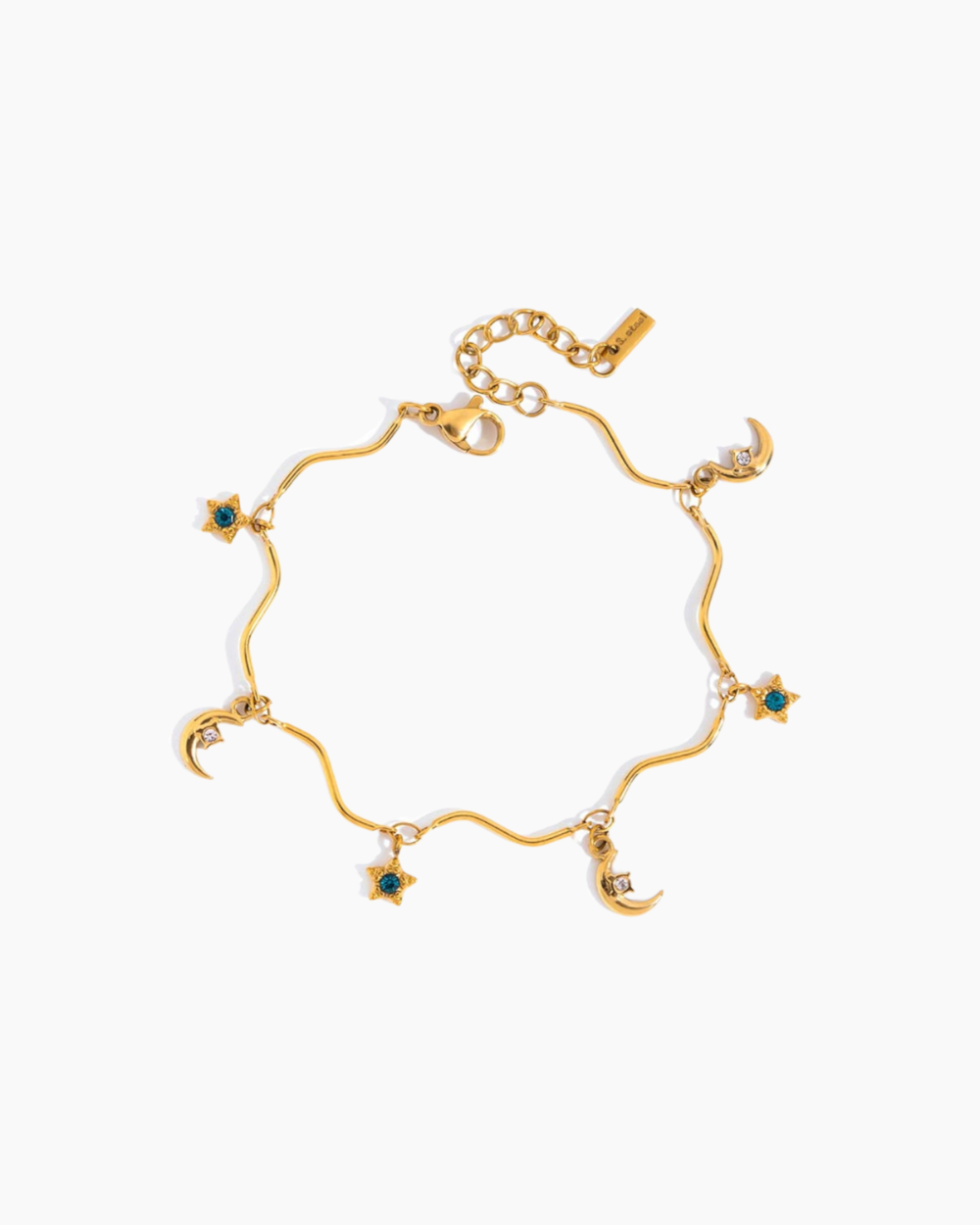 Gold bracelet with star-shaped charms on a white background