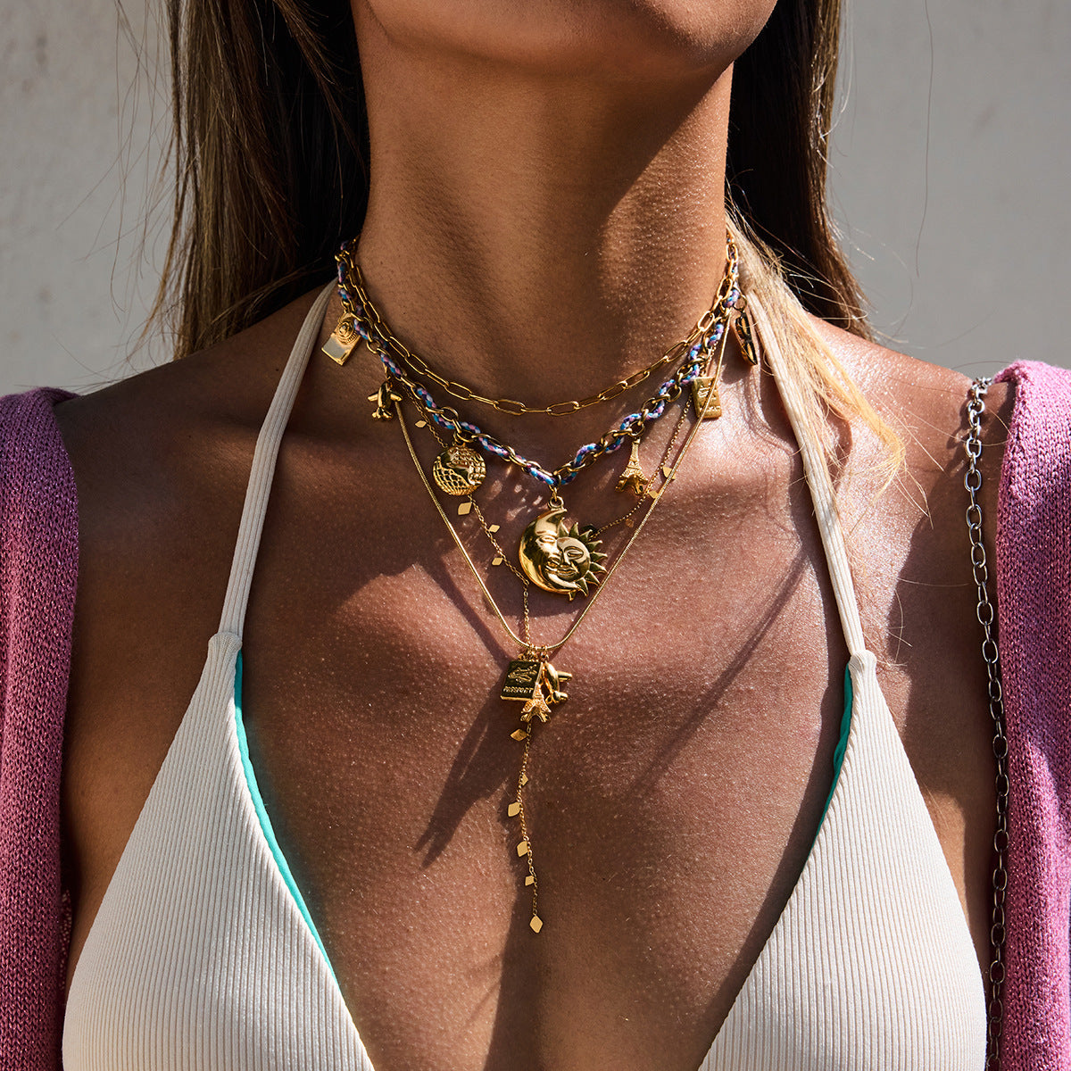 Summer necklace styled with bikini and sun-kissed skin