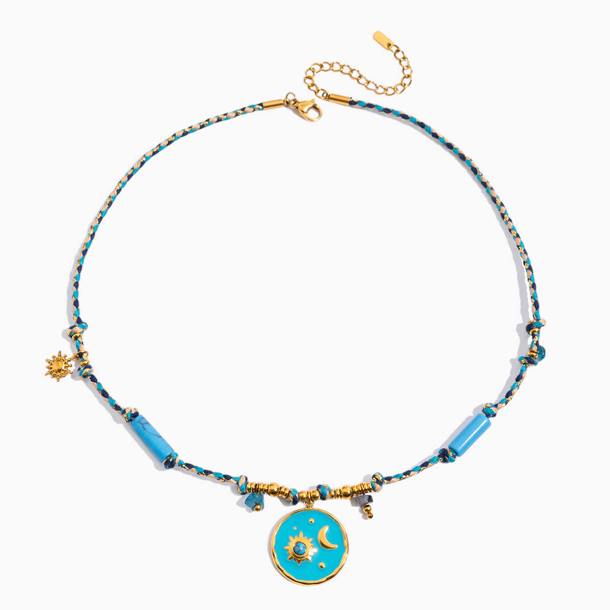 Necklace with blue and gold beads on a white background