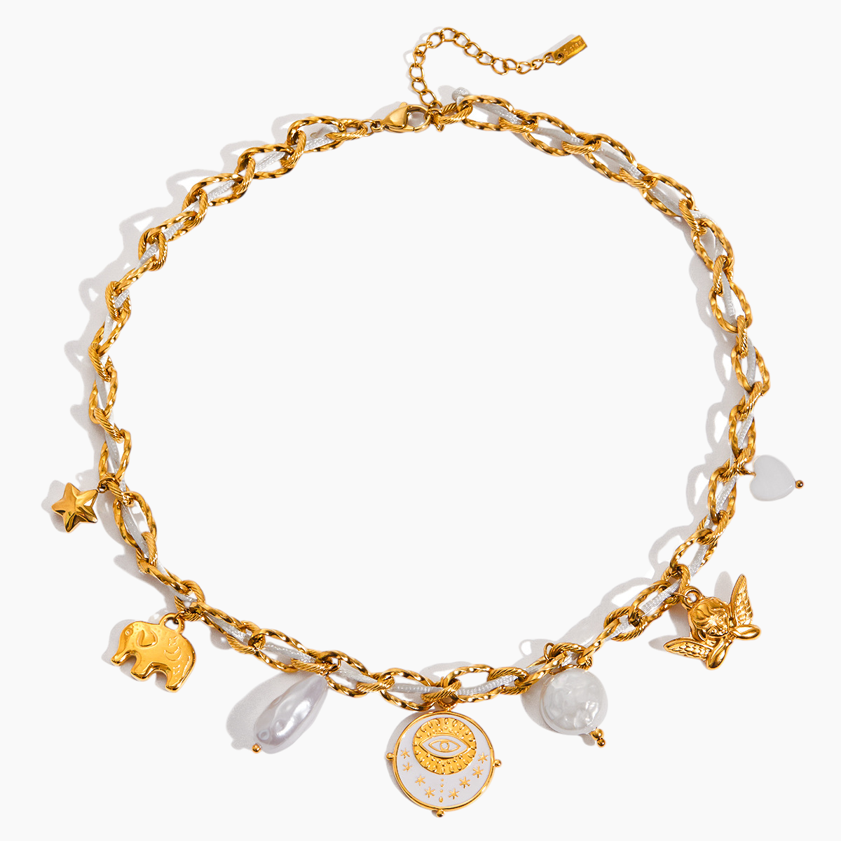 Gold chain necklace with various charms on a white background