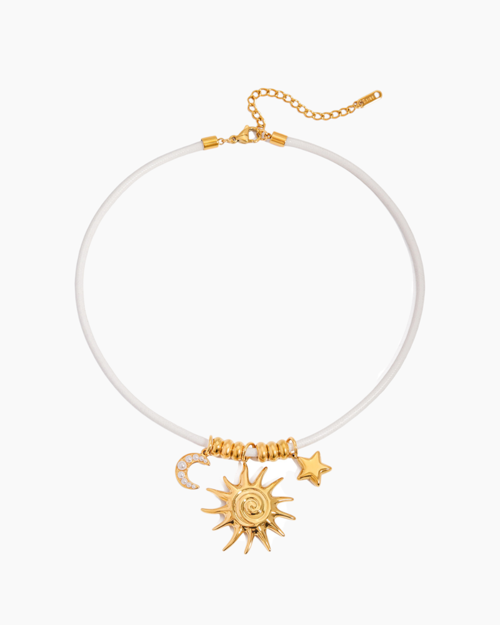 Necklace with sun and star charms on a white background