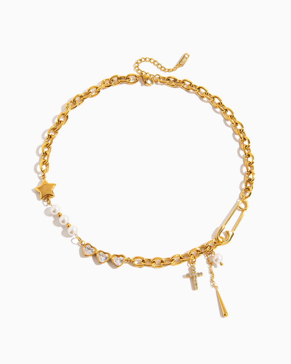 Gold bracelet with pearls and charms on a white background