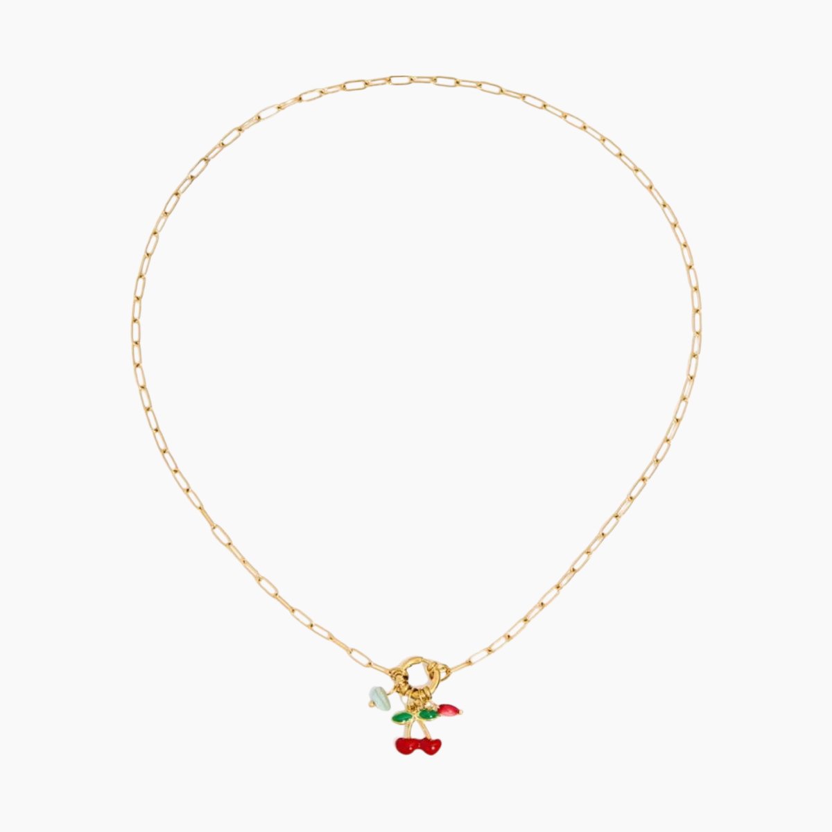 Gold necklace with a colorful pendant on a white background