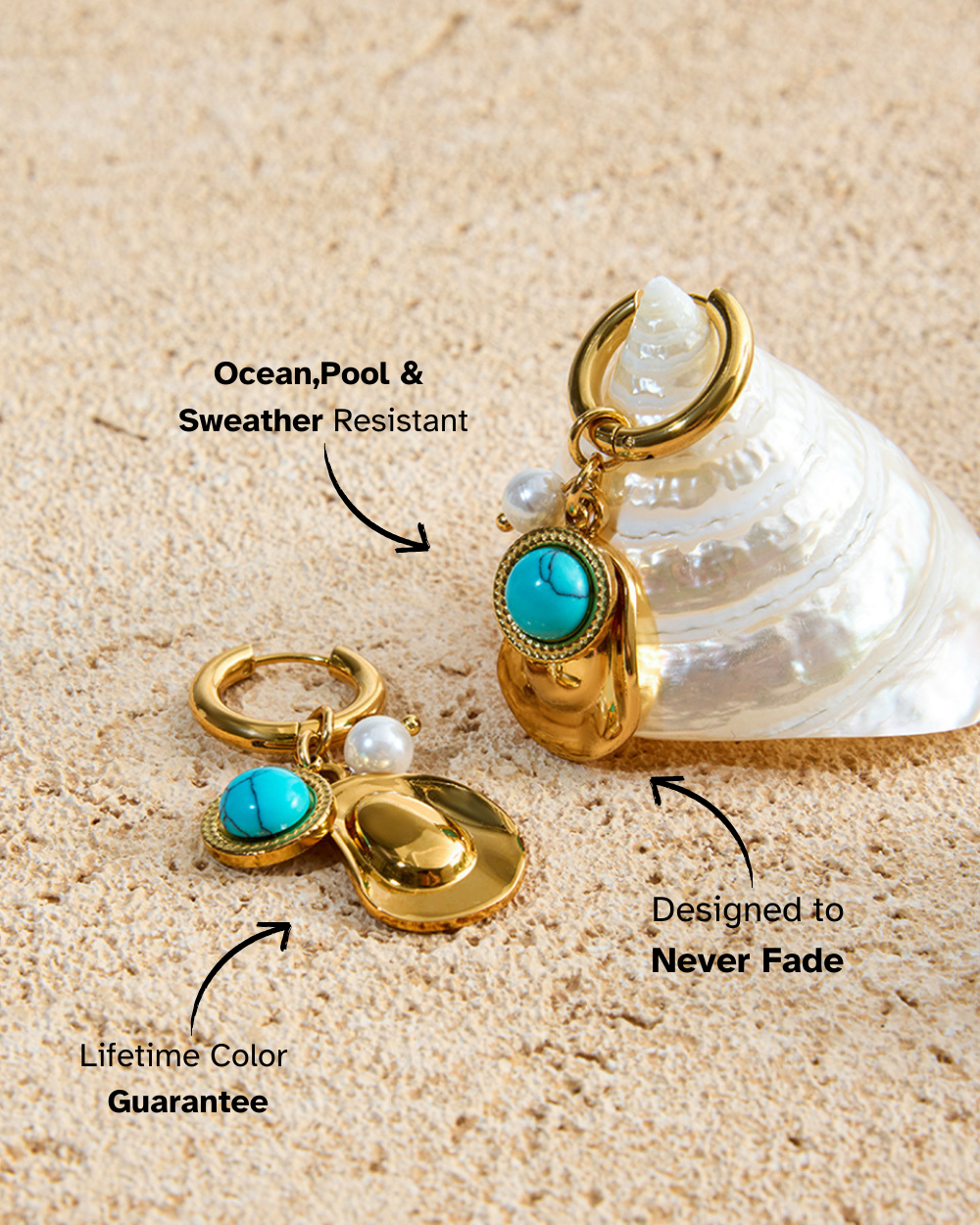Gold flip-flop keychain with turquoise stones and pearls on sand, labeled for durability and color guarantee.