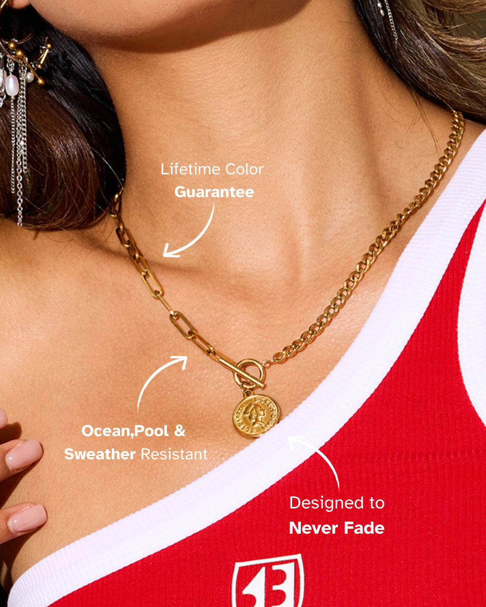 Gold necklace with a pendant on a person wearing a red and white outfit, with text about product features.