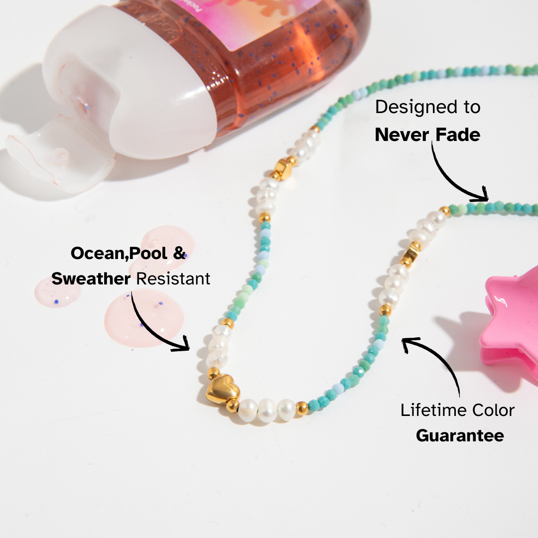 close-up of turquoise and pearl beaded choker details