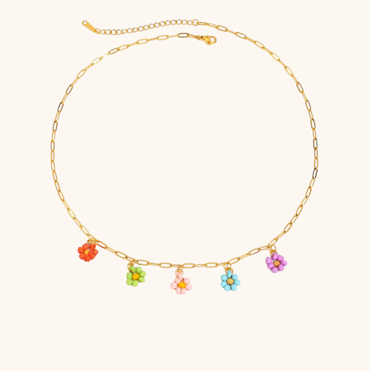 Colorful daisy flower necklace with multicolor charms on gold chain