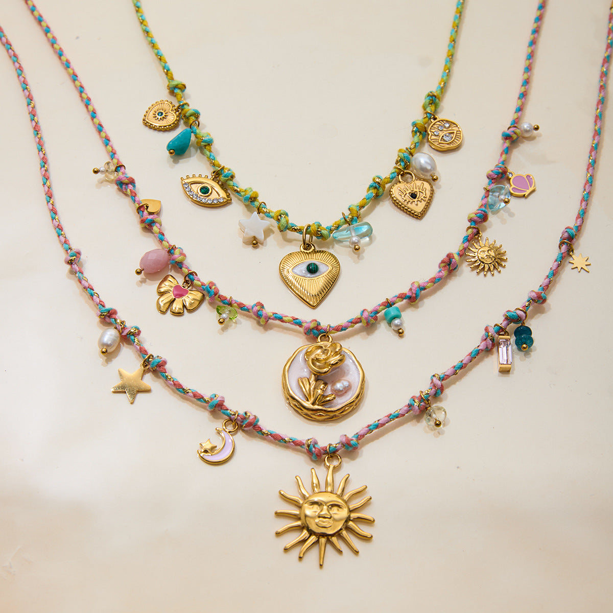 Y2K aesthetic necklace with celestial charms and multicolor cord