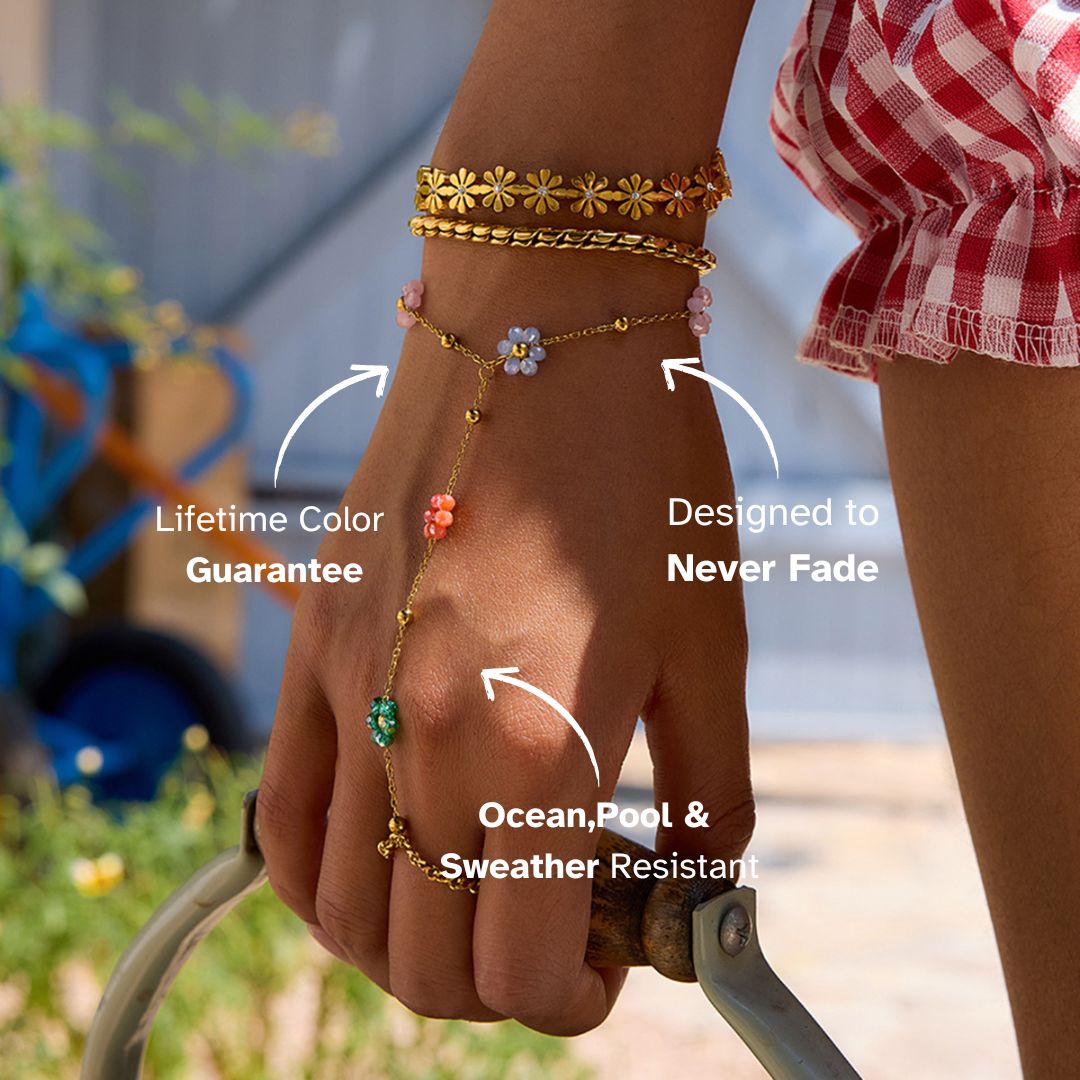 Gold hand chain bracelet with multicolor beaded flower charms, summer outdoor wear