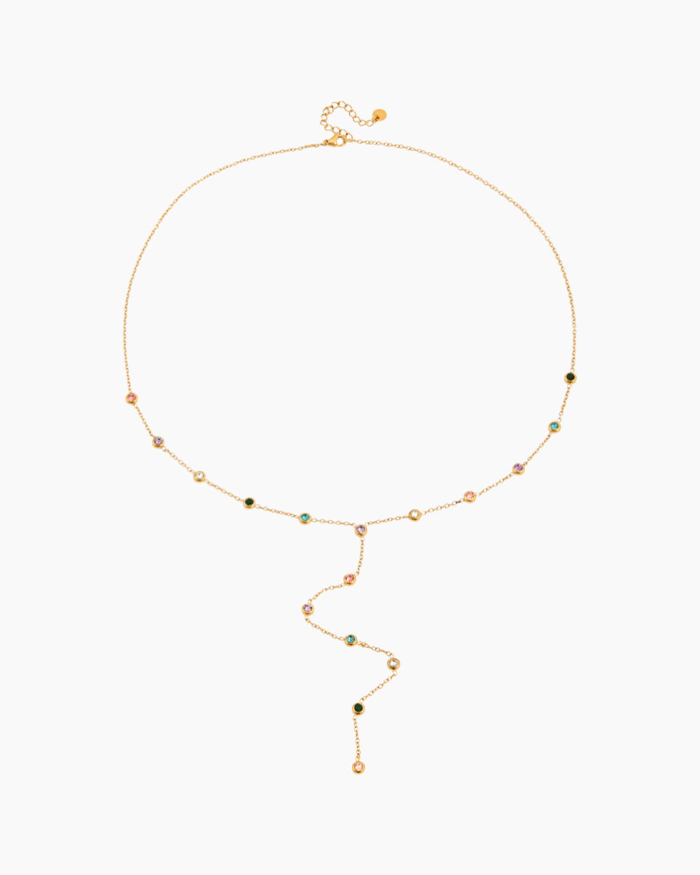 Gold necklace with small beads on a white background