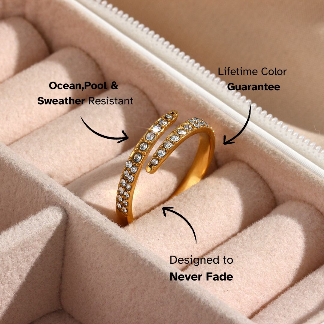 Dainty gold wrap ring with dual rows of sparkly crystals, ideal for chic Paris cafés or brunch with friends in Amsterdam.