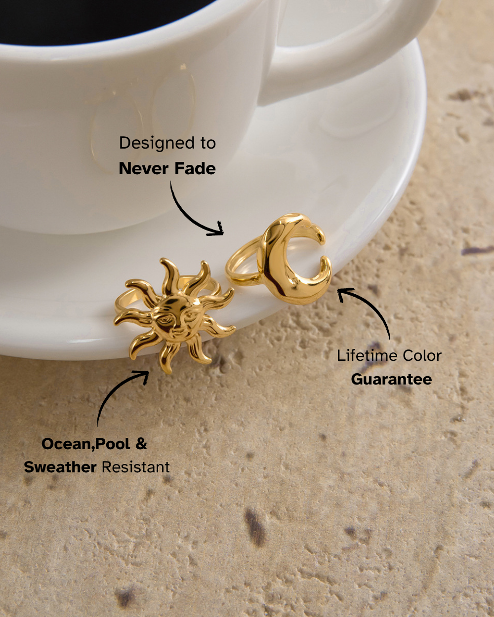 Gold sun and moon earrings with text on a beige background