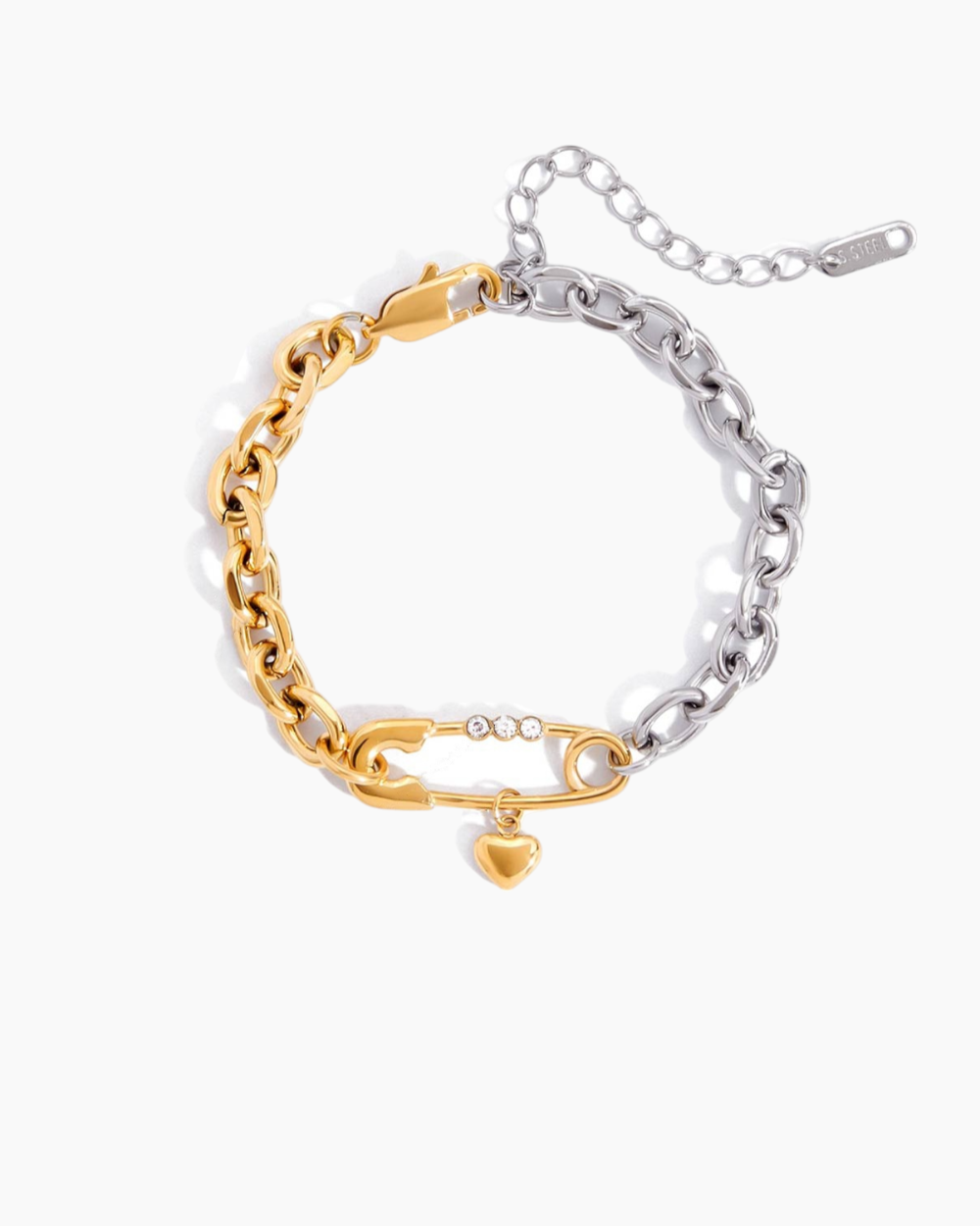 Two-toned gold and silver bracelet with a heart charm on a white background
