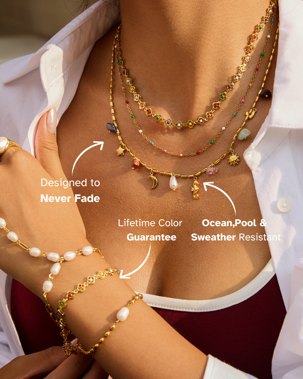 Gold jewelry set with necklaces and bracelets on a person, highlighting features like 'Designed to Never Fade' and 'Lifetime Color Guarantee'.
