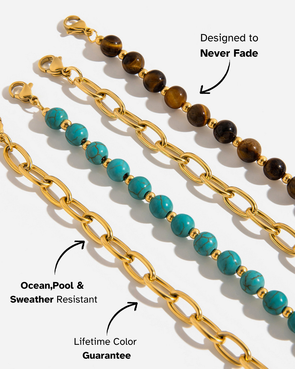 Two necklaces with gold chains and colored beads on a white background