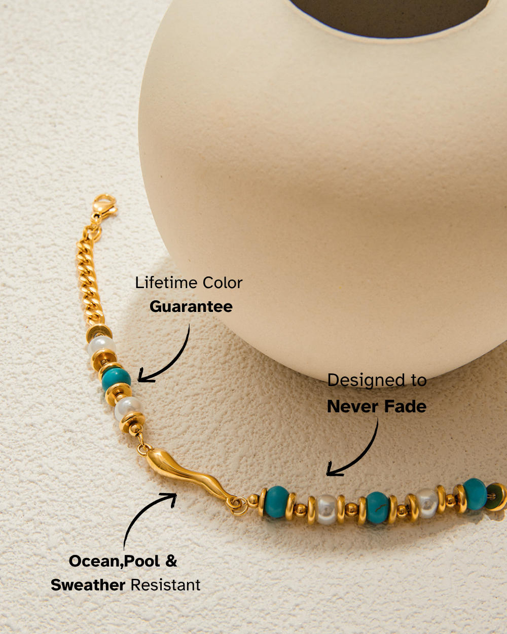 Beaded bracelet with gold, blue, and white beads on a beige surface with text highlighting features.