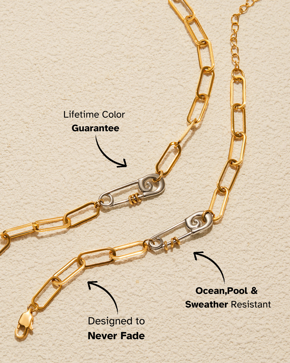 Gold chain necklace with text highlighting features on a beige background