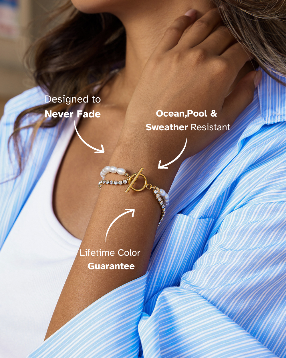 Woman wearing a bracelet with text highlighting its features