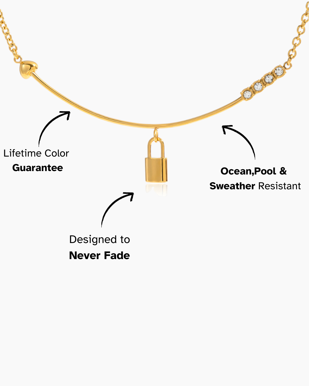 Gold necklace with a lock pendant on a white background, featuring text about product features.