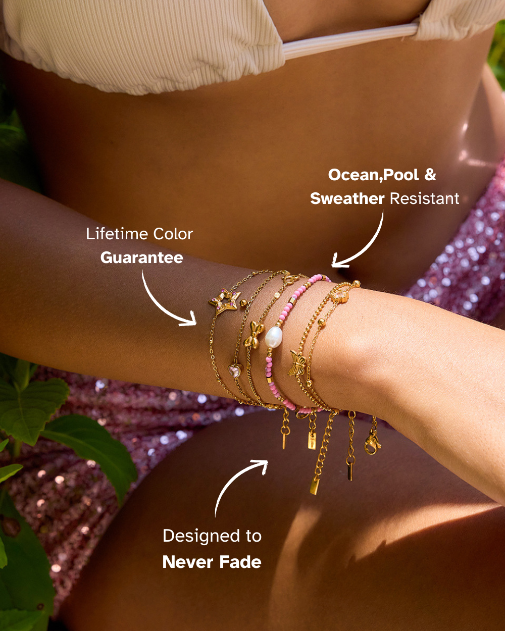 Close-up of a person's wrist wearing multiple gold bracelets with text highlighting features.