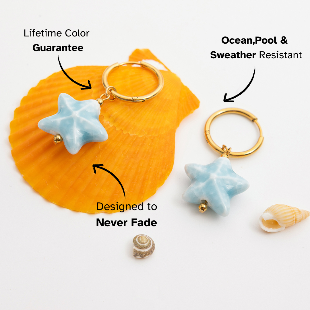 Star-shaped keychain with gold ring on a shell, surrounded by text highlighting features.