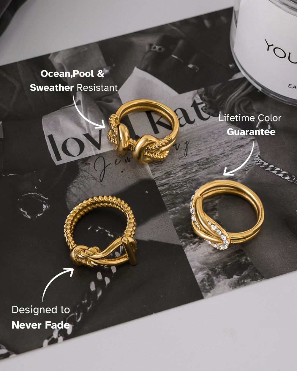 Three gold rings on a magazine with text highlighting features.