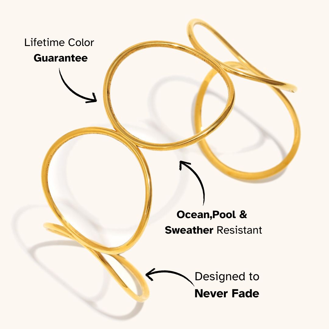 Set of minimalist gold stacking rings with artistic loops, lightweight, sweatproof, designed for modern European style lovers
