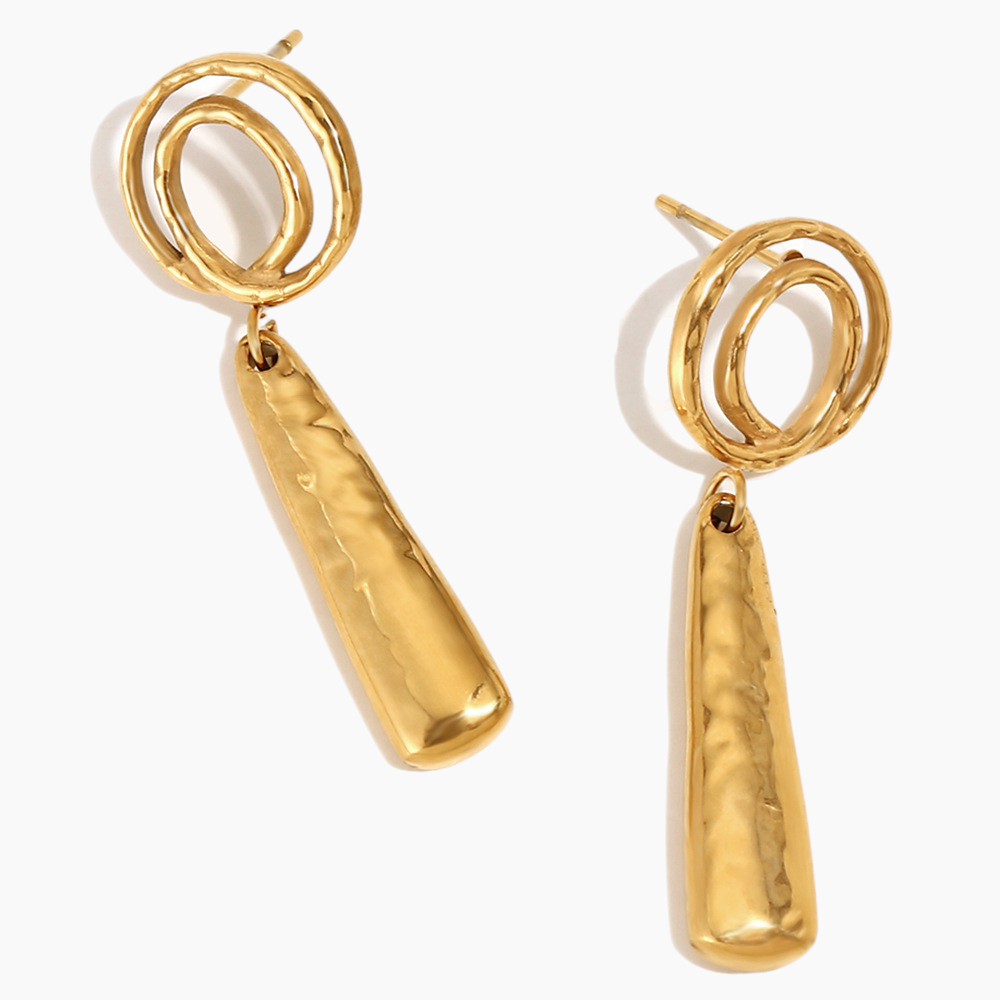 Gold hoop earrings with dangling gold bars on a white background