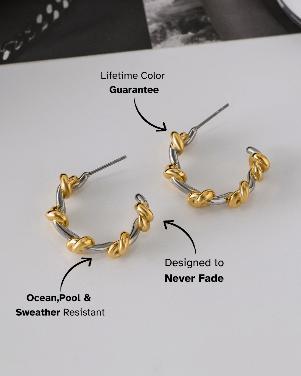 Gold and silver hoop earrings on a white surface with text highlighting features.