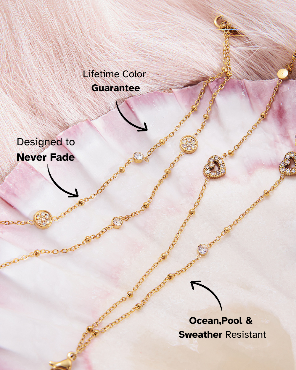 Gold necklace with diamond-like beads on a pink and white background, featuring text about product features.