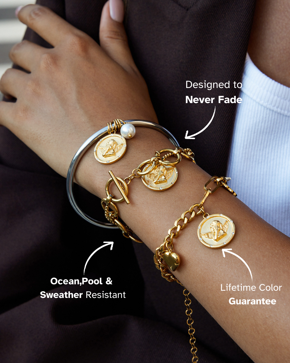 Gold bracelets on a wrist with text highlighting features