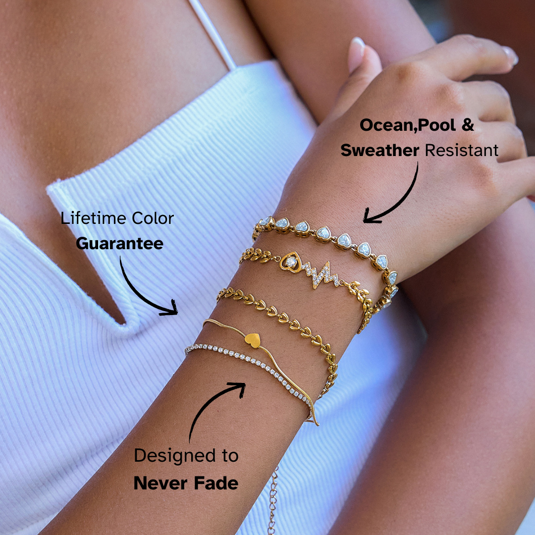 Gold bracelets on a wrist with text highlighting features