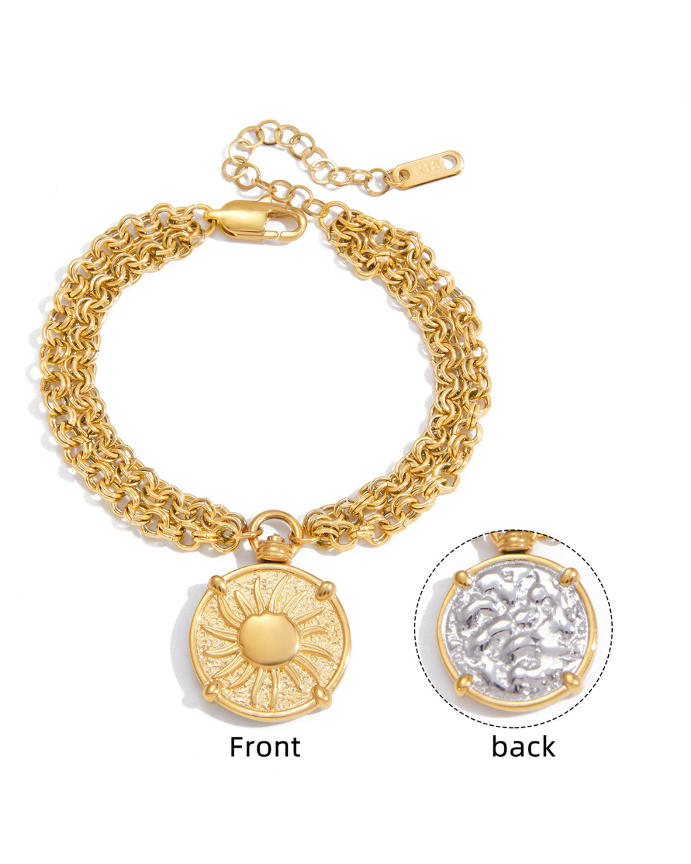 Gold bracelet with a decorative pendant on a white background