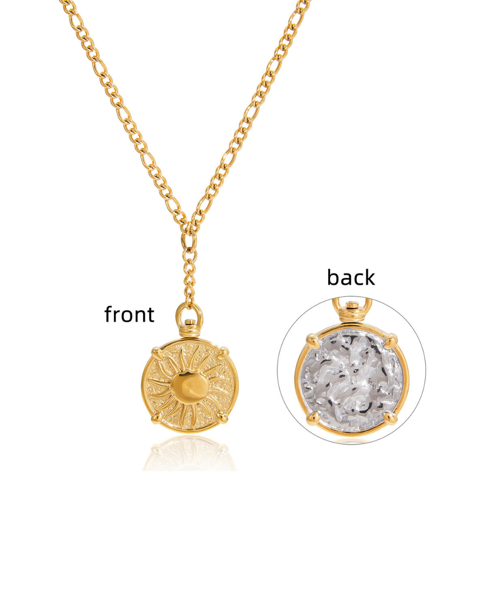 Gold necklace with pendant showing front and back views on a white background