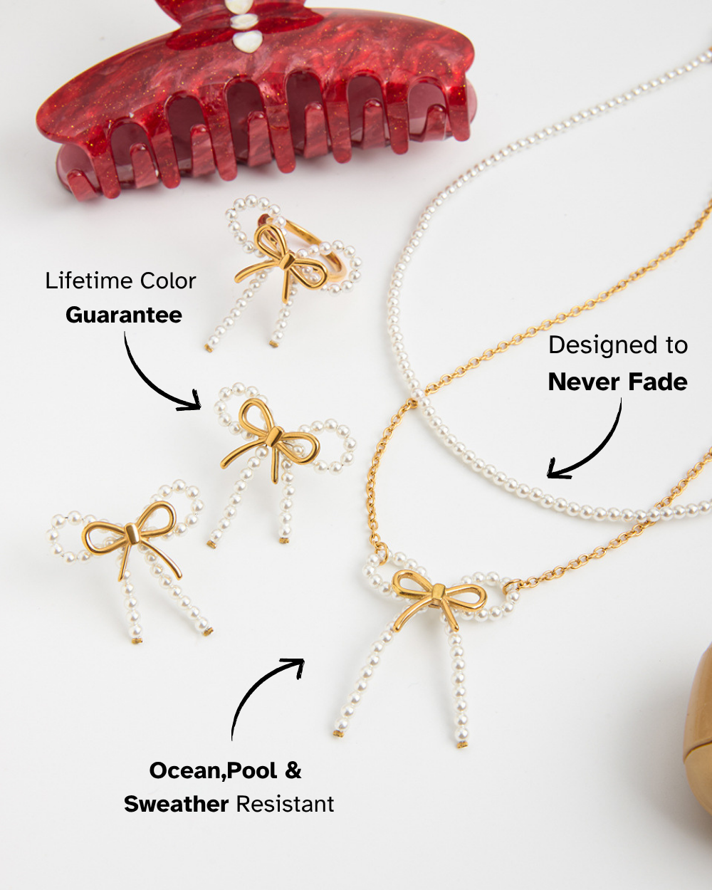 Gold necklaces with bow details on a white background, featuring text about product features.