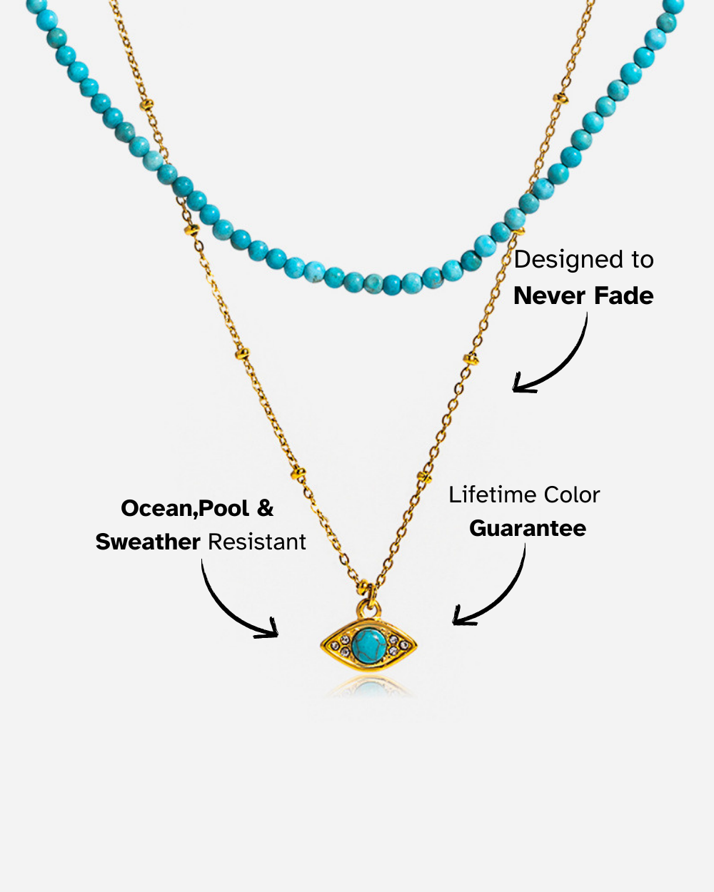 Turquoise beaded necklace with gold chain and pendant on a white background