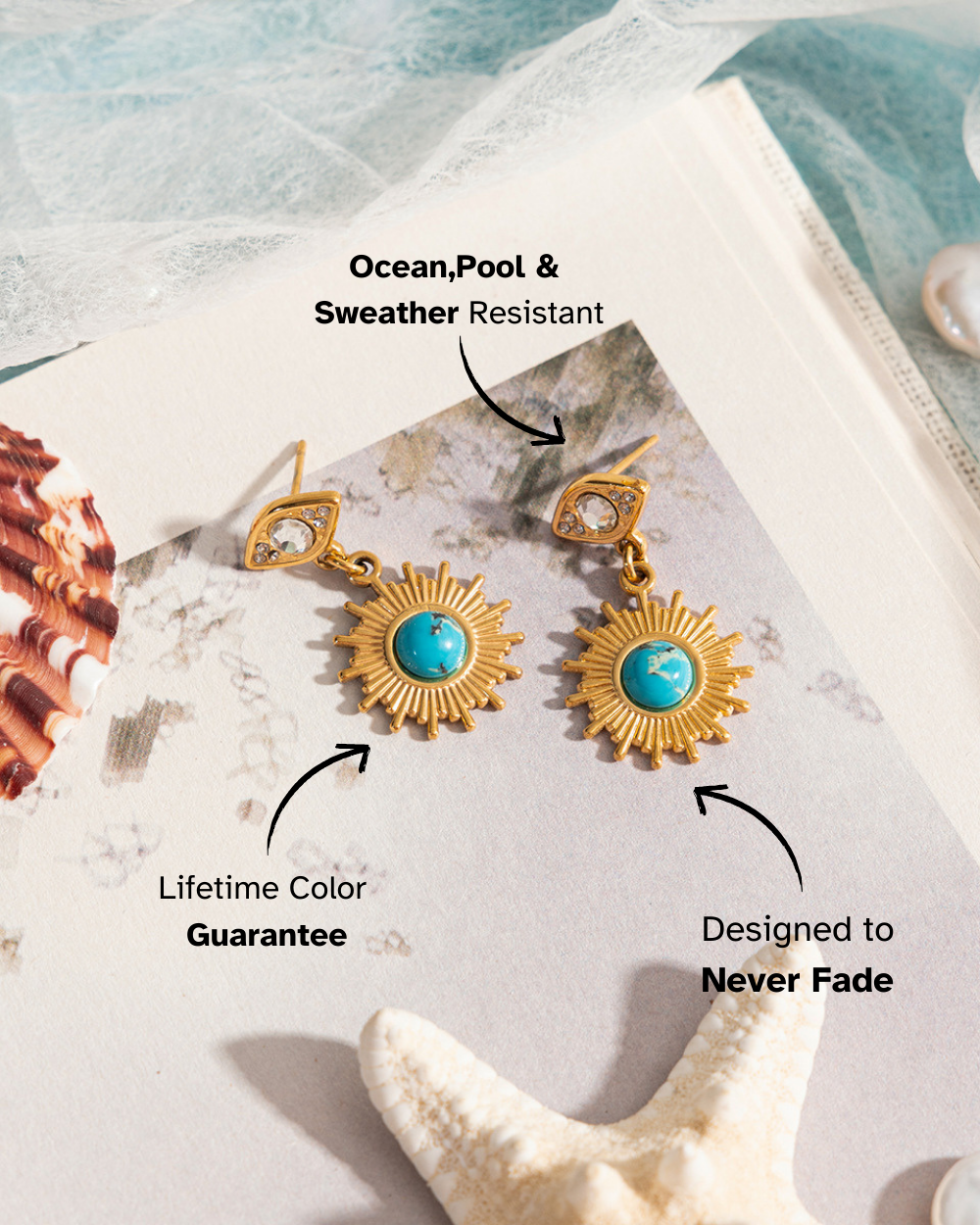 Gold earrings with turquoise stones on a textured surface with ocean-themed text.