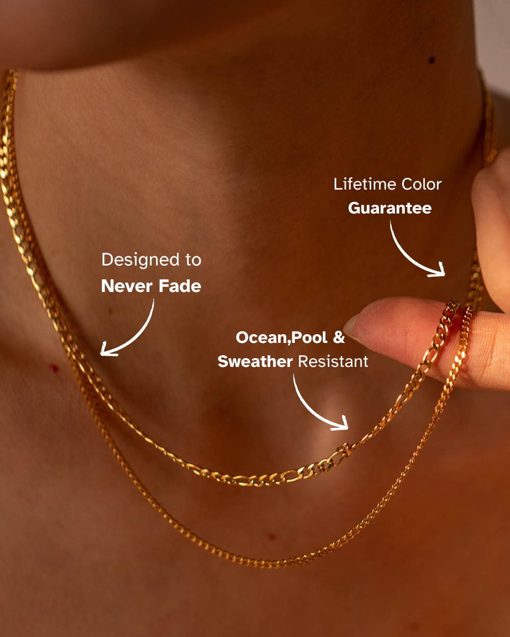 Gold chain necklace being worn on a person's neck with text highlighting features.