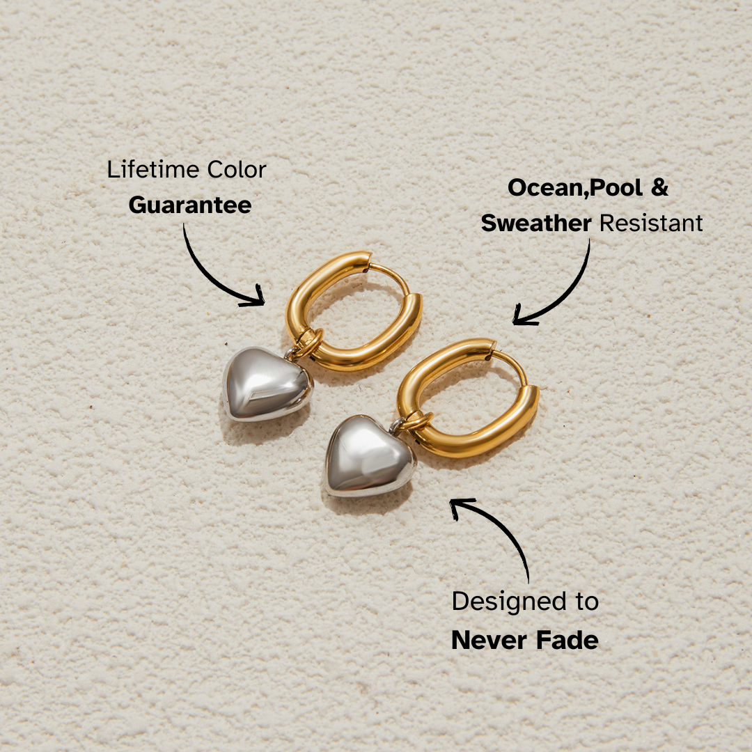 Gold and silver hoop earrings on a textured beige background with text highlighting features.