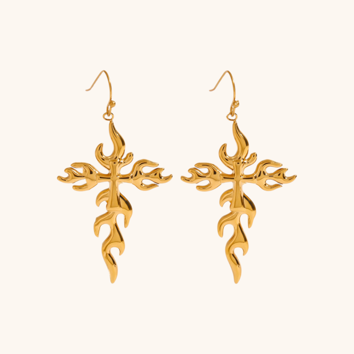 Bold flame cross earrings with gold finish, perfect for edgy streetwear looks
