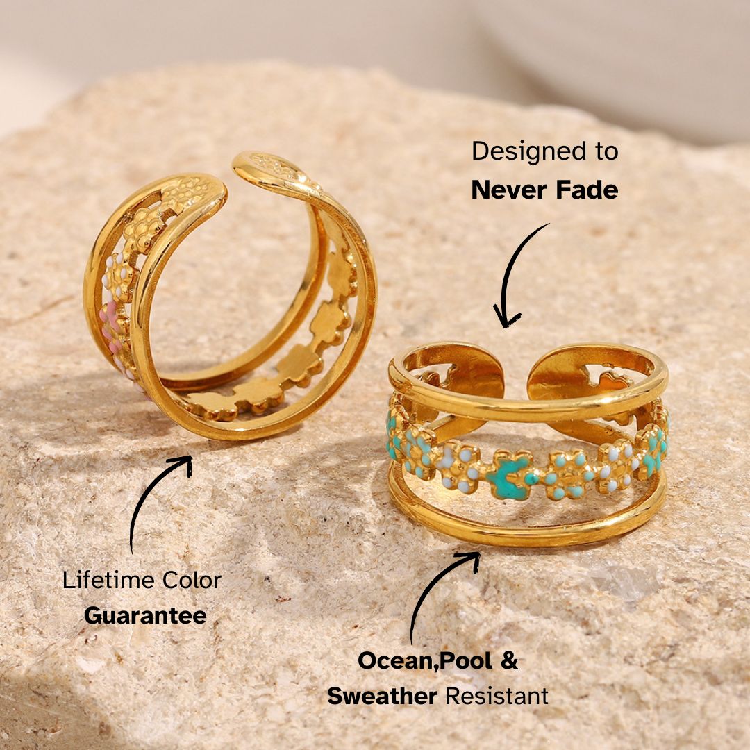 Gold adjustable rings with pastel enamel flowers, perfect for beach and summer wear