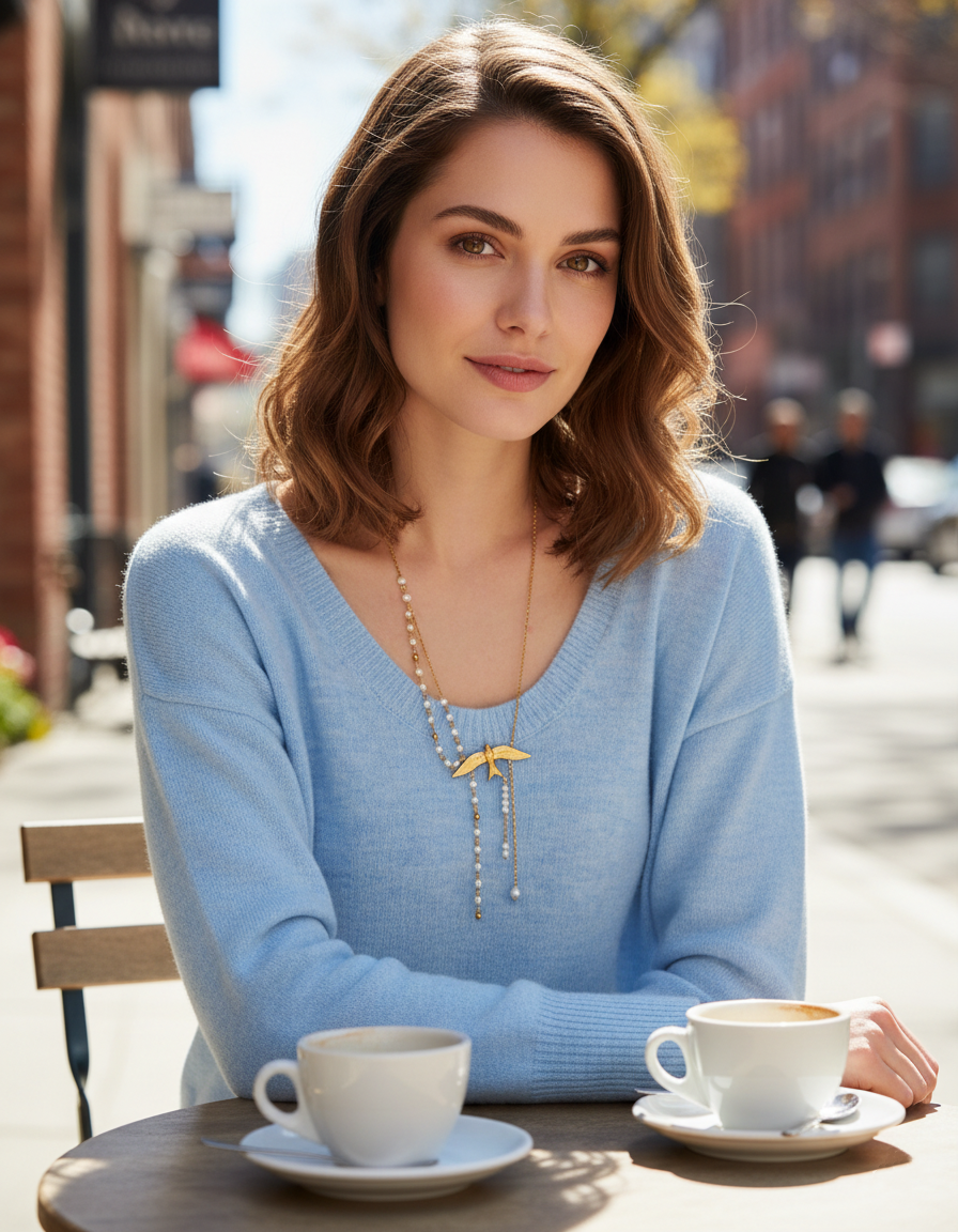 Golden Bird & Pearl Y Necklace