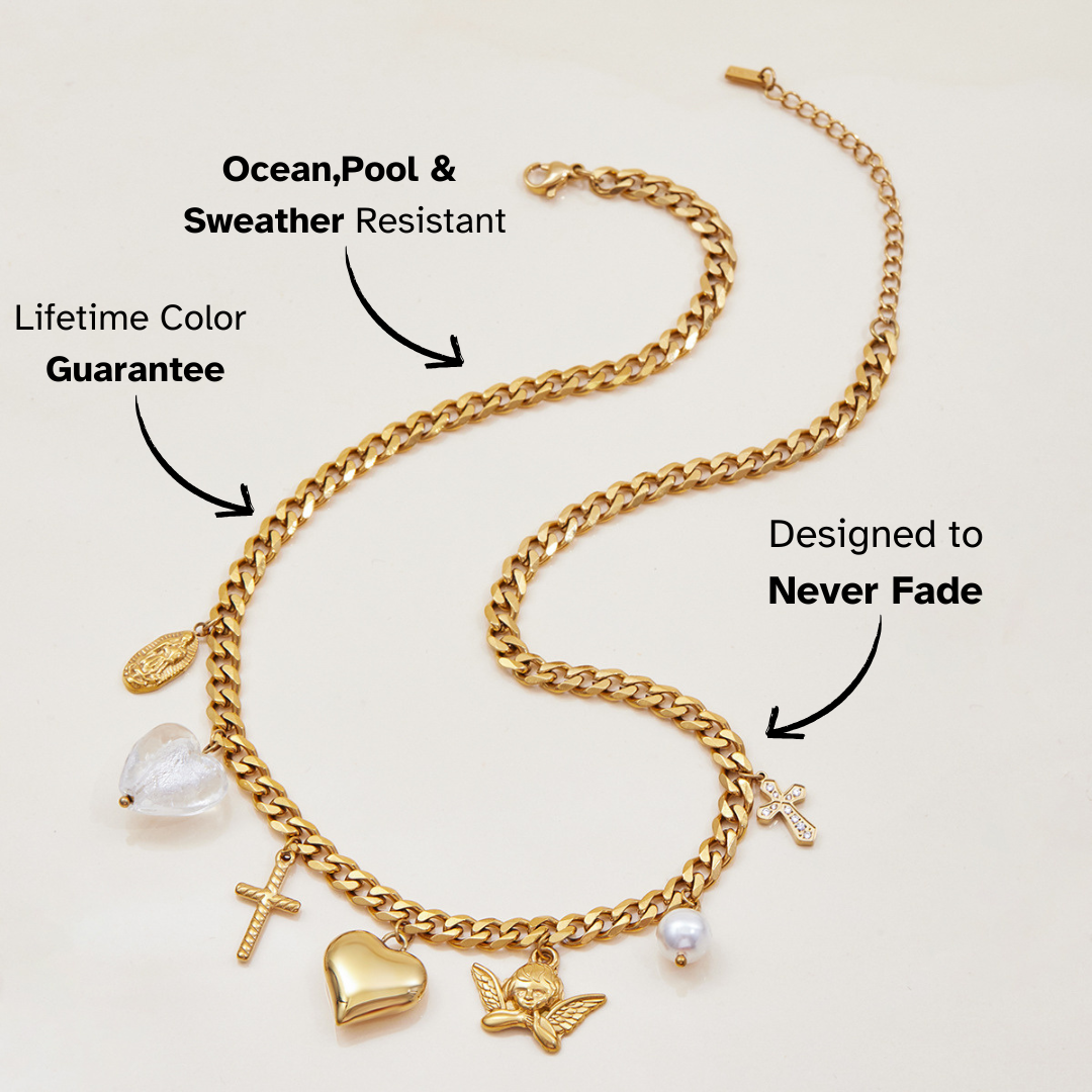 Waterproof gold bracelet styled with layered pearl necklaces
