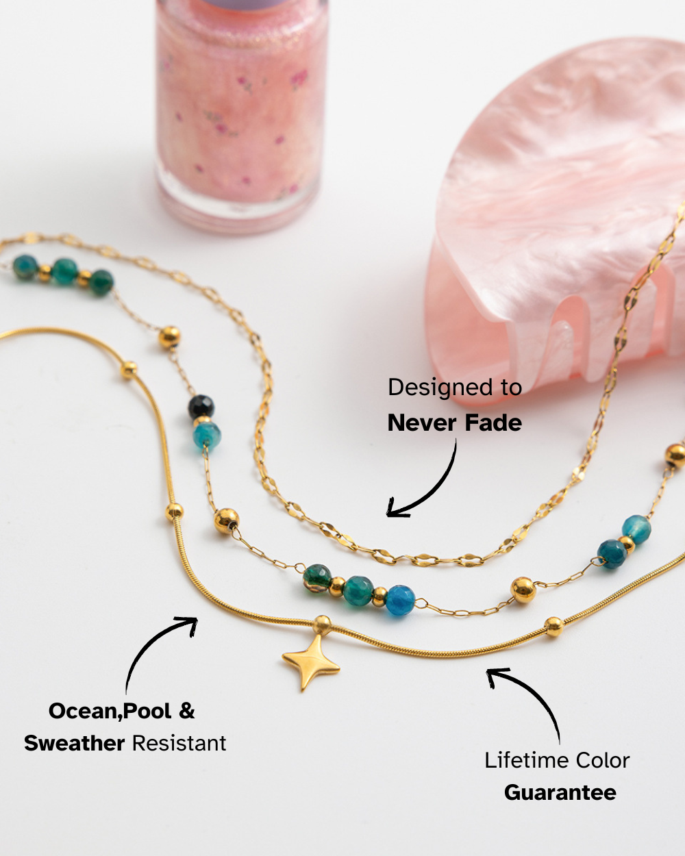 Gold necklaces with blue beads on a white surface, with text highlighting features.