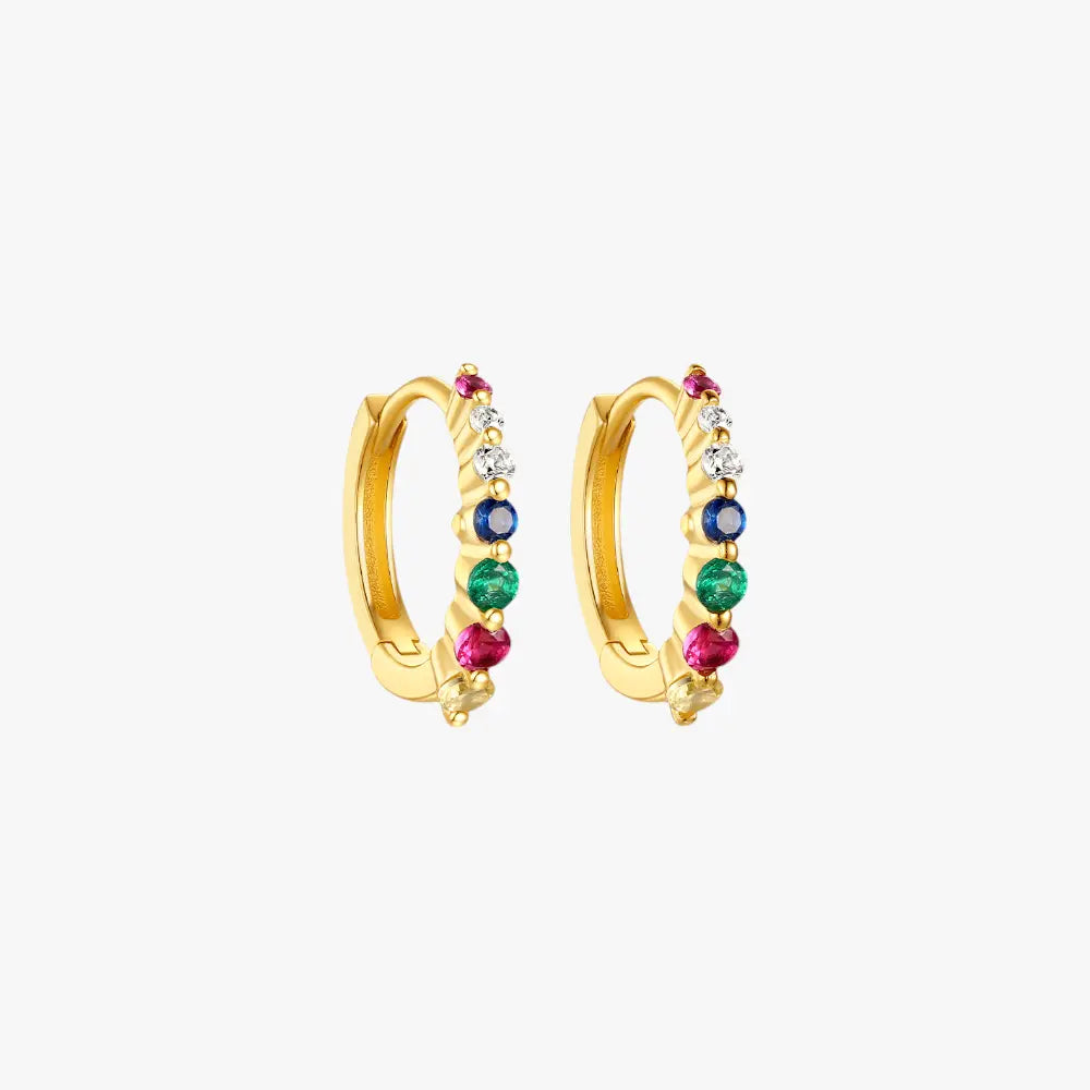 A pair of gold hoop earrings with multi-colored gemstones.