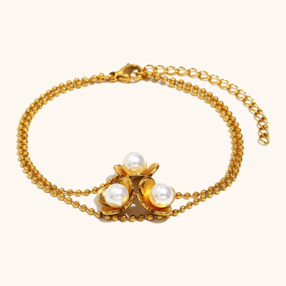 Gold bracelet with 3D flower and pearls, double beaded chain design