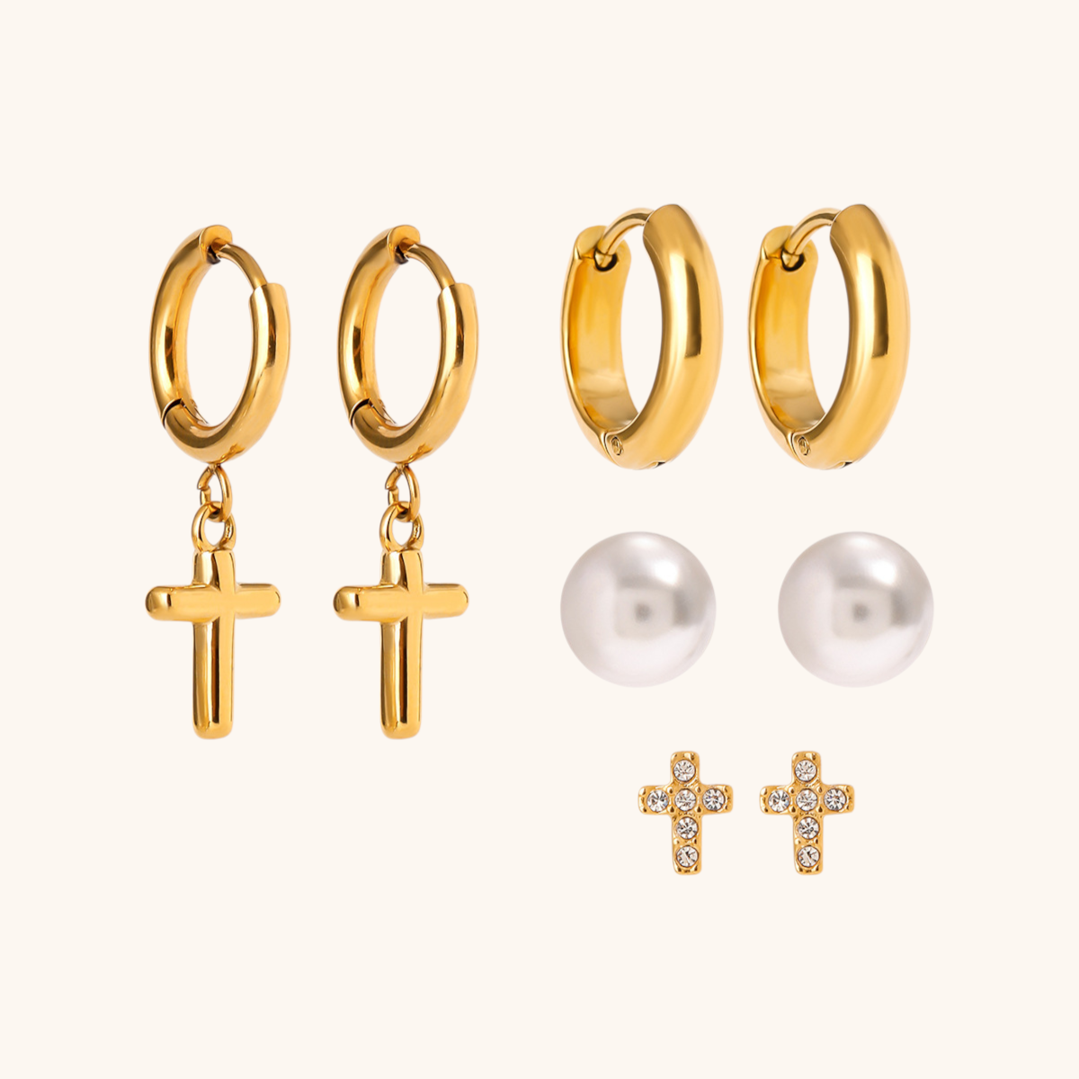 White pearl stud earrings with 18K gold setting on soft cream backdrop