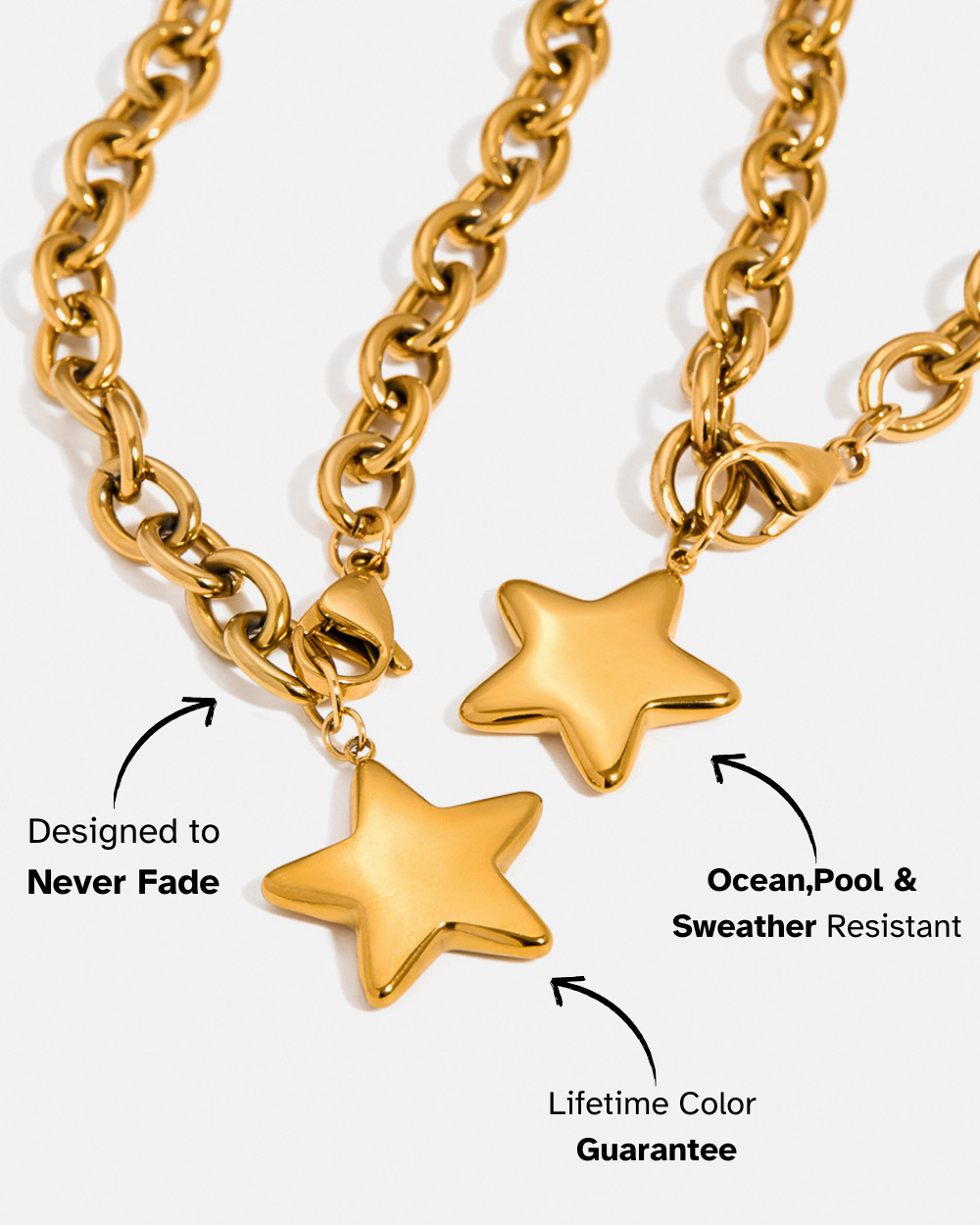 Gold chain necklace with star pendants on a white background